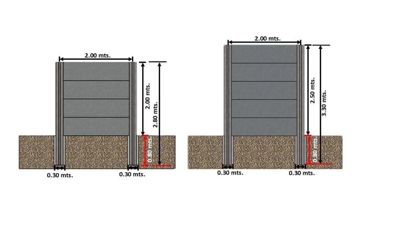 Diagrama técnico de muros prefabricados Prefalego con paneles de 2 m, alturas de 2.80 y 3.30 m y base enterrada de 0.80 m
